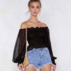 Nasty Gal sleeve it be shirred off the shoulder long sleeve top in pink